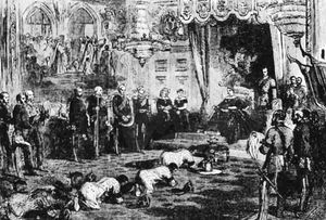 프라야 몬트리 수리야웡(Chum Bunnag)이 이끄는 시암 사절단이 1857년 11월 윈저 성의 가터 옥좌실에서 영국 빅토리아 여왕을 알현하는 모습