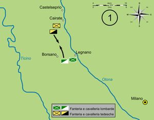 레냐노 전투의 단계를 보여주는 영상으로, 군대 이동을 강조한다