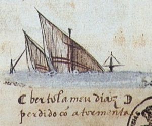 디아스는 1500년 5월경 희망봉 근처에서 폭풍을 만나 배가 침몰하면서 사망했다(1568년경 삽화).