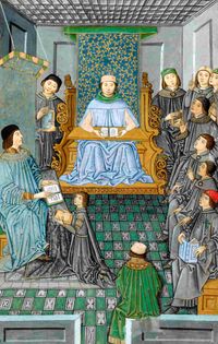 후안 데 수니가 이 피멘텔이 지켜보는 가운데 안토니오 데 네브리하가 라틴어 입문을 가르치고 있다. (1486년)