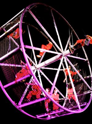 깁슨은 종종 극단 라 푸라 델스 바우스와 같은 퍼포먼스 아트 예술가들과 협력해 왔다. 사진은 2007년 5월 싱가포르 예술 축제 공연 모습.