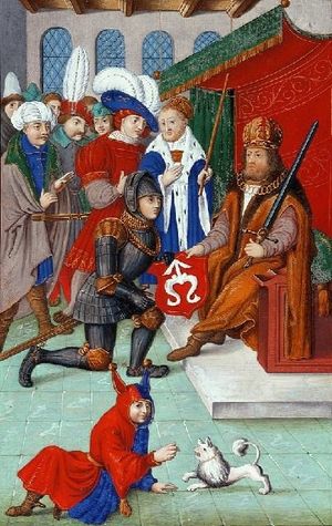 12세기 신성 로마 제국 황제에 의해 오드르봉지 가문의 귀족 작위 수여, 오드르봉지 문장. 즈와센치에서 성 요한 세례자 교회의 창건자로 추정되는 프란도타 스타리에게 수여. 프란도친 마을, 소폴란드 보이보드십, 크라쿠프 공국, 폴란드 왕국. Liber Genesos illustris Familiae Shidlovicae(시드워비에츠 가문의 창세기)에서 발췌. 스타니스와프 사모스트젤니크의 그림