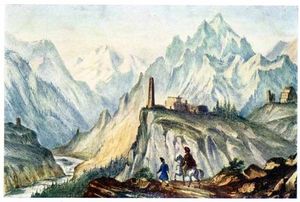 코비 부근의 협곡에서 십자가 고개(크레스토바야 산)를 바라본 모습 (레르몬토프 그림, 1837년)