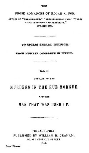 에드거 앨런 포의 산문 로맨스, No. I, 윌리엄 H. 그레이엄, 필라델피아, 1843. 이 작품은 밀실 살인 장르의 효시로 평가받는다.