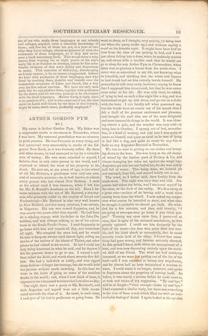 《낸터킷의 아서 고든 핌의 이야기》의 연재 버전 첫 회는 1837년 1월 《Southern Literary Messenger》에 게재되었다.