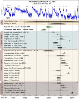2013년 기준 유럽과 아프리카에서 직접 연대측정된 해부학적 현대 인류의 알려진 고고학적 유물