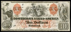 테티스가 묘사된 (왼쪽) 1861–62년 CSA $10 지폐