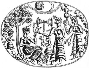 미케네에서 발견된 금반지 그림, 세 개의 양귀비 열매를 든 여신 묘사