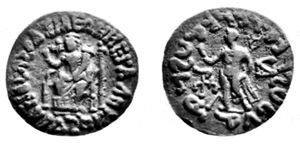 아제스의 인도 동전, 아이들과 함께 데메테르/ 하리티, 풍요의 뿔을 들고 있음 (앞면)과 헤르메스 (뒷면), 기원전 1세기