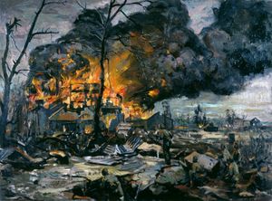 오렌지색 불길과 연기가 오른쪽 상단으로 뻗어 있는 건물. 잎이 없는 나무와 그림 왼쪽 아래에서 바라보는 군인들이 보인다.