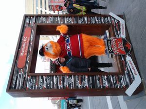 캐나디앵 드 몽레알의 마스코트 유피!가 로저스 미디어 행사에서 사진을 찍고 있다