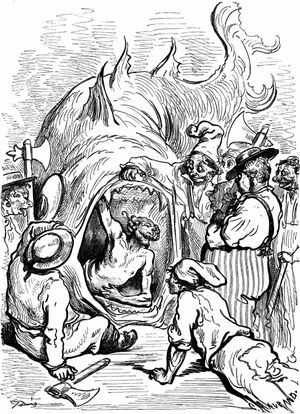 구스타브 도레가 그린 뮌히하우젠 남작이 고래에게 삼켜지는 이야기 삽화.