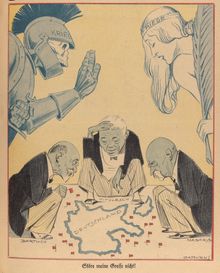 오스카 가르벤스, 1934년 클라데라다치 만화, 루이 바르투, 마사리크, 니콜라에 티툴레스크를 전쟁과 평화가 지켜보고 있는 모습