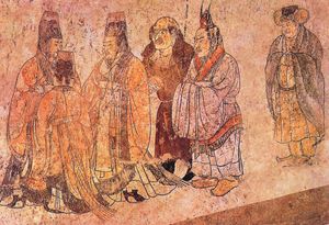 팔루단의 자료에서: "이 벽화에는 외국 대사들이 궁정에서 접견받는 모습이 묘사되어 있다. 오른쪽의 우아한 복장을 한 두 사람은 고려, 가운데 맨머리에 큰 코를 가진 인물은 서쪽에서 온 사절이다. 이현 묘, 건릉, 섬서성, 706년."