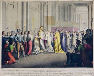 레오 12세가 1825년 희년을 기념하기 위해 성 베드로 대성당의 성문을 열고 있다.