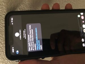 SMS를 통한 피싱 공격의 예시. 애플(Apple Inc.)에서 보낸 것처럼 위장한 가짜 메시지와 URL을 보여준다.