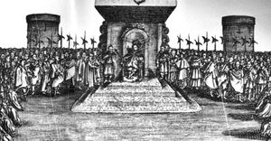 앙리 3세, 폴란드-리투아니아 연방 의회와 귀족 앞에서 폴란드 왕위에 앉아 있으며, 창검병에게 둘러싸여 있다, 1574