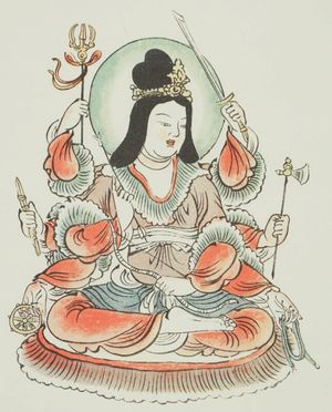 활, 화살, 칼, 창, 도끼, 외날 바즈라, 차크람, 올가미를 든 팔이 여덟 개인 변재천