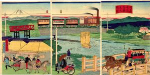 쓰루미강을 건너는 증기 기관차. 『가와사키 쓰루미강 증기차의 그림』(메이지 5년 1월(1872년 2월)경 출판)에서.