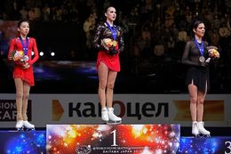 메드베데바(오른쪽), 2019 세계 피겨 스케이팅 선수권 대회 시상대