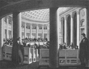 잔부의회의 첫 회의장소였던 슈투트가르트 의사당의 반월홀. 구스타프 렌츠(Gustav Renz)의 석판화.