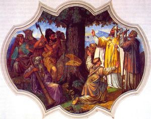 「토르의 오크나무 쓰러짐을 보는 보니파시오」（1737년, 바이에른 주미스바흐 실라제에의 성 마르티누스 교회 소장）