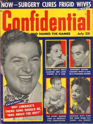 Confidential 표지(1957년 7월 2일): "리버라치의 테마곡이 '그 소년에게 미쳤다!'여야 하는 이유"