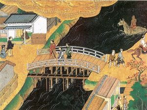 『에도도 병풍』에 그려진 에도 시대 초기의 스이도바시. 다리 아래를 지나가는 것이 수도