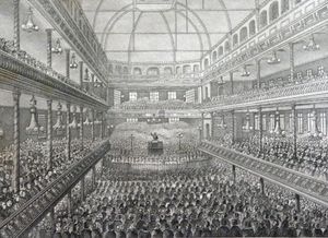 스펄전이 1858년경 서리 음악당에서 설교하는 모습.