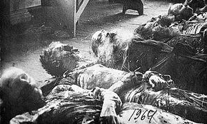 1919년 타르투 신용 센터 학살 희생자들의 시체. 퇴각하는 볼셰비키에 의해 살해되었다.
