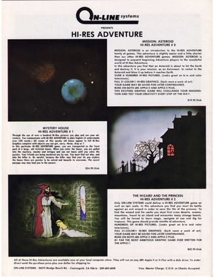 1981년 6월 The On-Line Letter에 게재된 On-Line Systems의 Hi-Res Adventure 게임 광고, 미스터리 하우스 포함