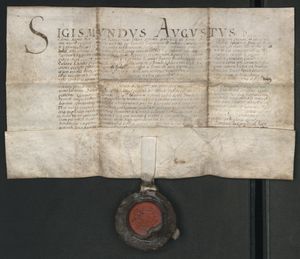 폴란드 국왕 지그문트 2세 아우구스투스가 1552년에 칼리시의 오래된 특권을 확인하고 있다