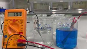 반쪽 전지에 있는 아연 및 구리 전극으로 만든 다니엘 전지 시연