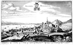 1645년 뇌샤텔, 뇌샤텔 성의 첨탑이 보인다; 그림에는 Neocomum(라틴어)과 Neuenburg am See(독일어)라고 표기되어 있다.