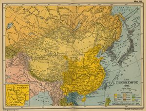 청(淸, Chinese Empire)의 지도(1910). 범례에 의하면 짙은 황색은 중국 본토(China), 옅은 황색은 중국 속령(Dependencies of China)이다.