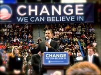 유세 중인 오바마 후보(코네티컷주하트퍼드, 2008년 2월 4일)