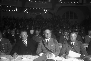 베를린 스포츠 궁전에서 열린 국민투표 집회에서 알프레트 후겐베르크와 젤테, 폰 슈테파니.