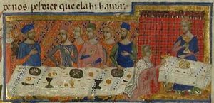 1343년 출판된 Llibre dels fets 판에 실린 아라곤의 하이메 1세의 "타라고나의 저녁 식사" 삽화.