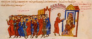 젊은 바실리오스가 크룸 불가리아의 궁정에 있다.