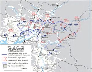 11월 25일부터 11월 28일까지의 청천강 전투 지도.