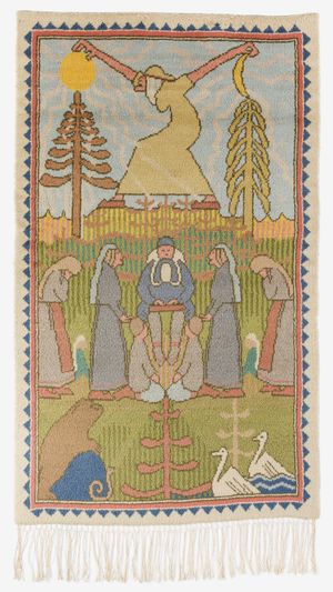 악당이자 핀란드 서사시 칼레발라의 악당인 포흐욜라의 여왕이자 여주인인 루오히. 루오히가 해와 달을 훔치는 랴, 요셉 알라넨, c. 1909.