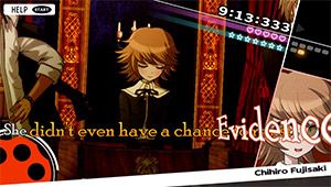 단간론파의 게임플레이 예시. 플레이어는 학급 재판에서 캐릭터의 발언에서 문제점을 찾아내어 이 문장에 "진실탄"을 발사해야 한다.