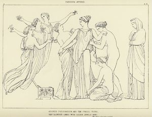 존 플랙스먼이 그린 『일과 날』의 삽화. 왼쪽부터 호라이들, 판도라와 카리테스들, 페이토