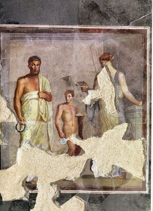 시인(유포리온으로 추정)과 이중 판을 읽는 여성을 묘사한 고대 프레스코화