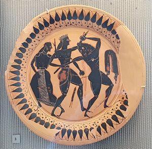 아리아드네 앞에서 테세우스가 미노타우로스와 씨름하는 모습 (기원전 550-540년경)