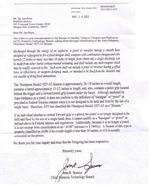 Auto-Ordnance 1927A5 DOJ BATFE 화기 분류 서한