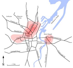 1920–1922년 벨파스트 분쟁 사망자 수: 1제곱킬로미터당 50–100명 사망 (주황색), 100–150명 사망 (빨간색), 150명 이상 사망 (진한 빨간색)