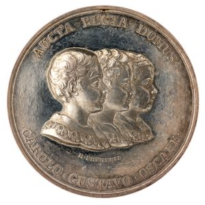 모리츠 프루메리의 1829년 메달. 오스카 왕세자의 세 아들인 칼, 구스타프, 오스카를 묘사하고 있다.
