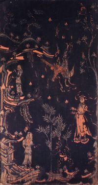 타마무시노 미도코로의 『施身聞偈図(세신문게도)』. 맨 아래에 나찰로 변한 제석천, 대화하는 설산동자, 나무 위에 게송을 적는 설산동자, 몸을 던지는 설산동자와 그것을 받아 안는 제석천(오른쪽).