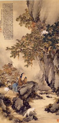 고노 바이레이 작, 제석천 시 삼수도 (1885). 노인 모습의 제석천에게 원숭이는 열매를, 여우는 물고기를 바치고, 토끼는 자신을 바치려 한다.